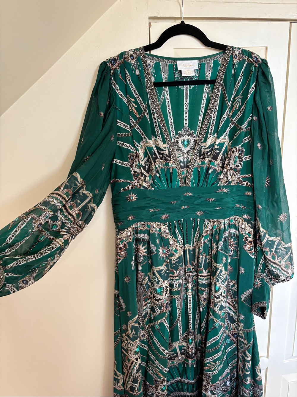 Camilla “A Venice Veil” Embellished Silk Maxi Gown Dress Emerald Green XL - Picture 11 of 15